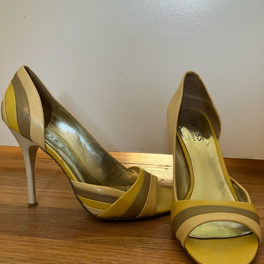 Guess Yellow and Cream Strappy Heels